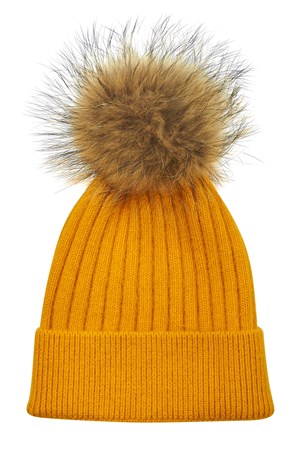 ROCKANDBLUE Pom Pom Hue. Model: Freja. Golden Yellow / Natural Raccoon. We Love: 299,- V.I.P. Pris : 239,-