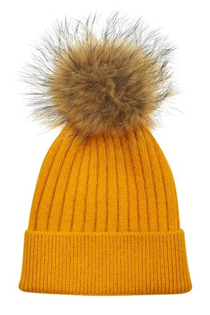 SAKI Hat. Style: Freja. Warm Yellow / Natural Raccoon. Must-Have: 299,-